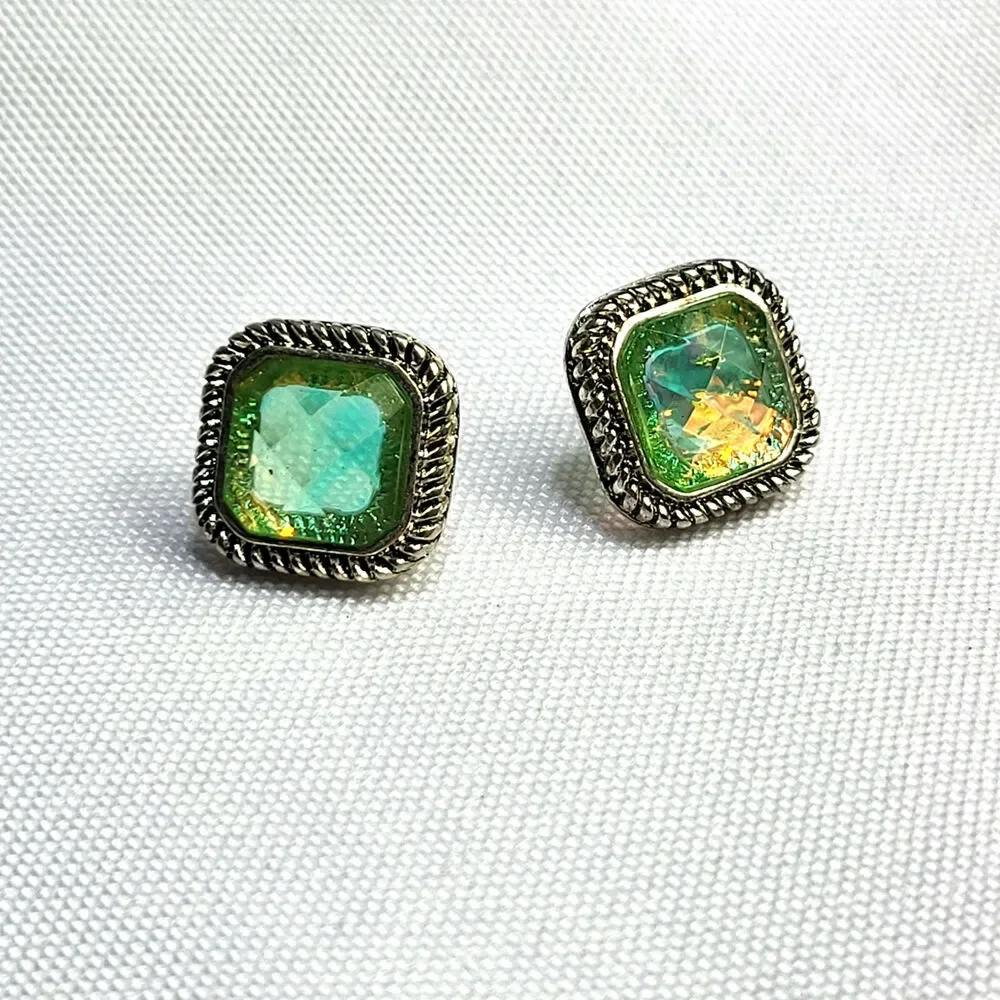 Napier Green White Cabochon‎ Square .5 inch Post Earrings Vintage 1970s
